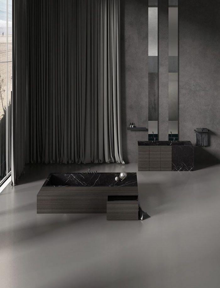 Baignoire en marbre noir et mobilier sur mesure