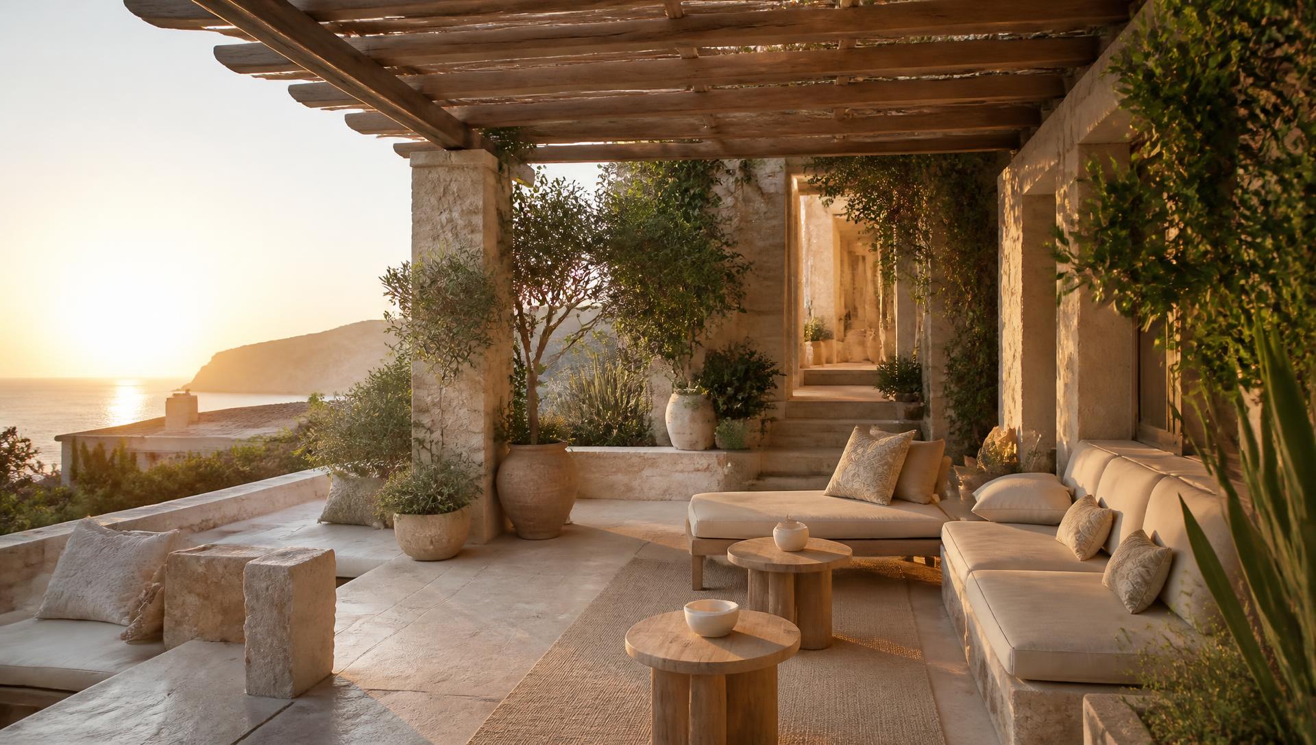 Terrasse méditerranéenne luxueuse au coucher du soleil