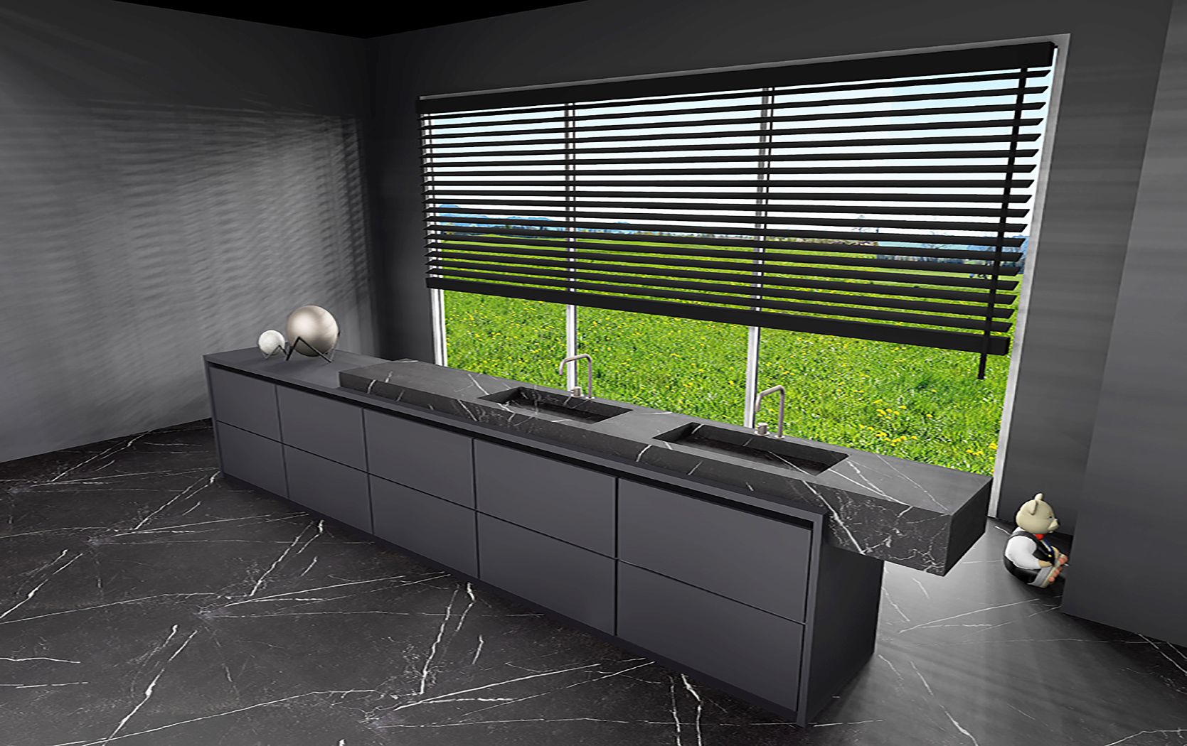 Baignoire en marbre noir et mobilier sur mesure