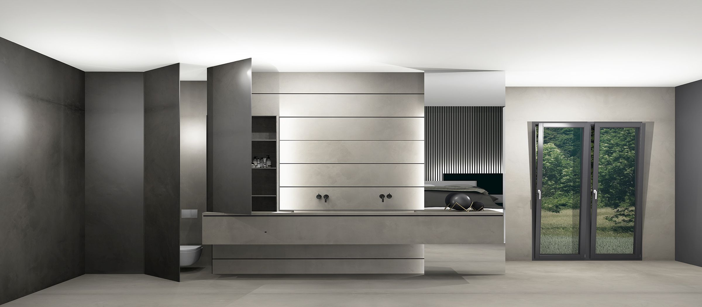 Baignoire en marbre noir et mobilier sur mesure