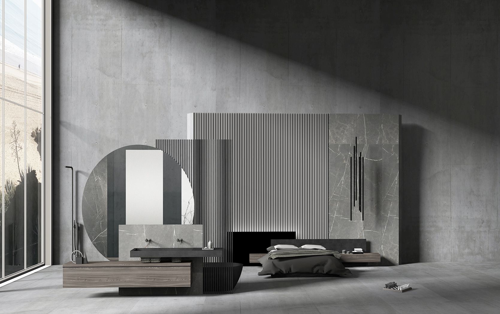 Baignoire en marbre noir et mobilier sur mesure